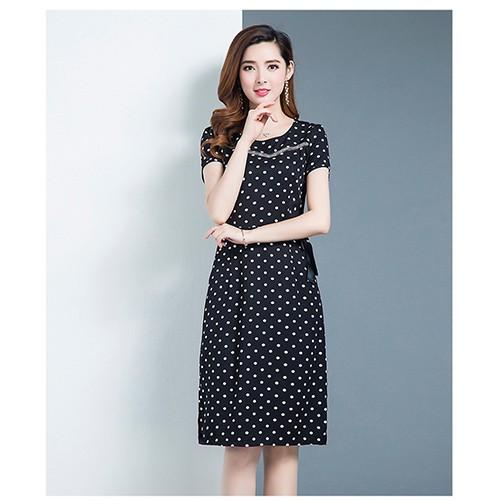 ĐẦM ÔM IN CHẤM BI ĐÍNH NƠ EO PHỐI RUY BĂNG KIM TUYẾN