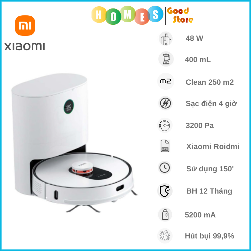 Robot Hút Bụi Lau Nhà XIAOMI ROIDMI EVA Tự Đổ Rác, Giặt Giẻ, Sấy Khô Diện Tích Hoạt Động 250m2 Công Suất 48W Áp Suất 3200 Pa - Hàng Chính Hãng