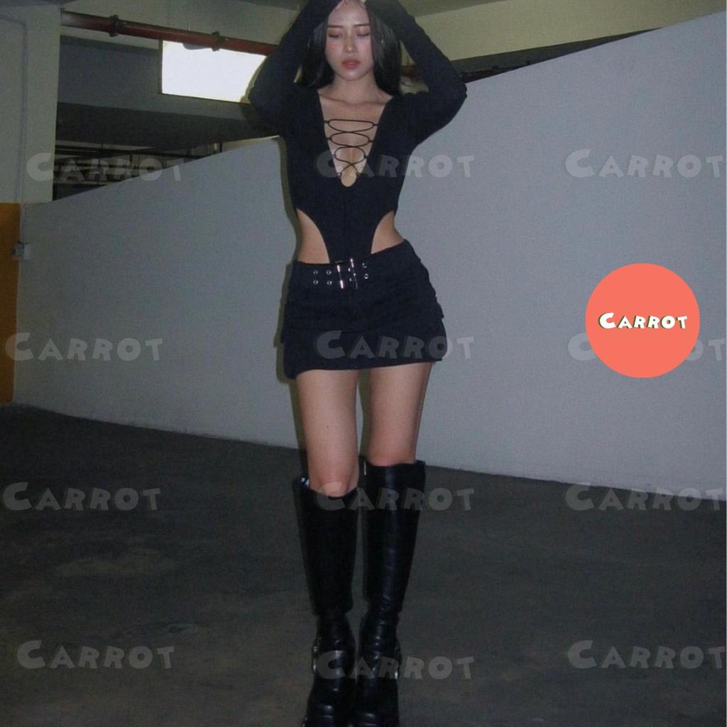 Set đồ nữ đi chơi sang chảnh áo croptop tay dài dây chéo chân váy ngắn đen rút dây tôn dáng ôm body carrotxinhdep