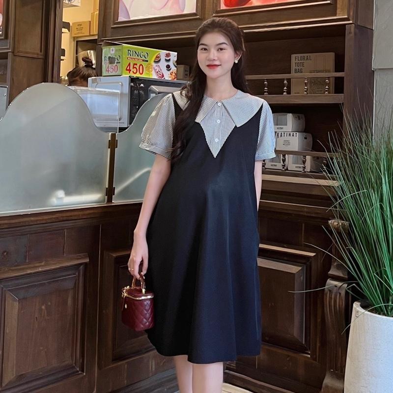 Đầm Yếm Bầu Công Sở Xinh Thiết Kế Dáng Suông Cổ Sen Phối Nút Chất Cotton Lạnh Mát Mẻ, Trẻ Trung - Xanh đen