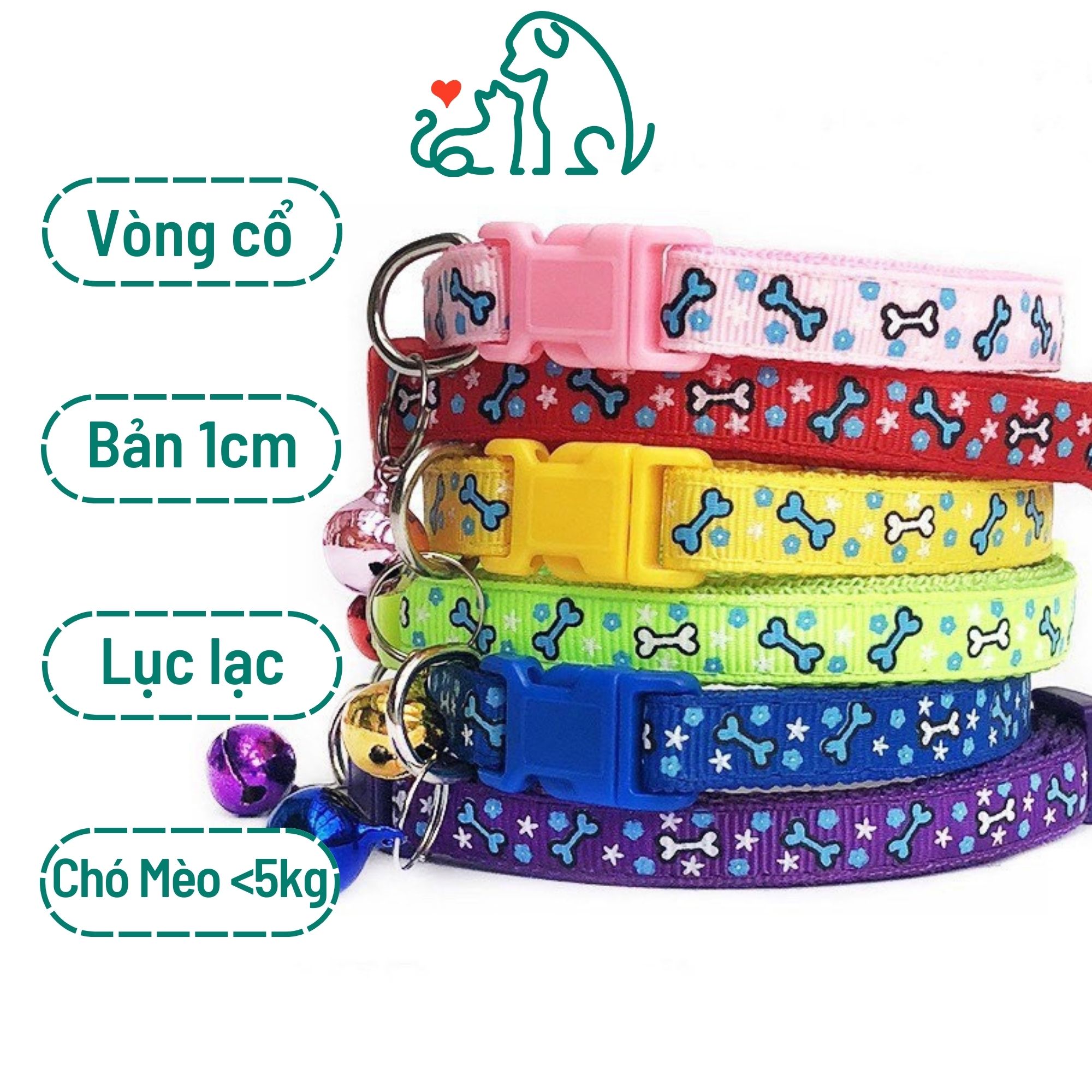 Vòng cổ chó mèo thú cưng 1cm họa tiết xương ngôi sao đủ màu &lt;5kg