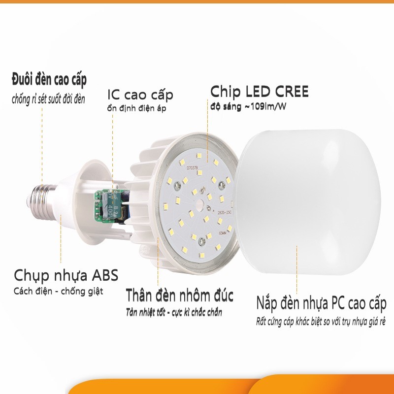 Bóng đèn LED trụ tròn cao cấp 20W 30W 40W 50W - vỏ nhôm đúc nguyên khối cực bền (ánh sáng trắng - chip LED cao áp siêu sáng