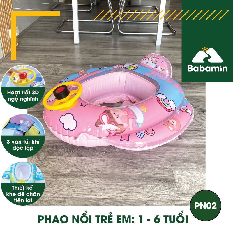 Phao Bơi Chống Lật Cho Bé Từ 1,2,3,4,5,6 Tuổi - Bơm Hơi, Thiết Kế 3D Cute - Babamin - PN02