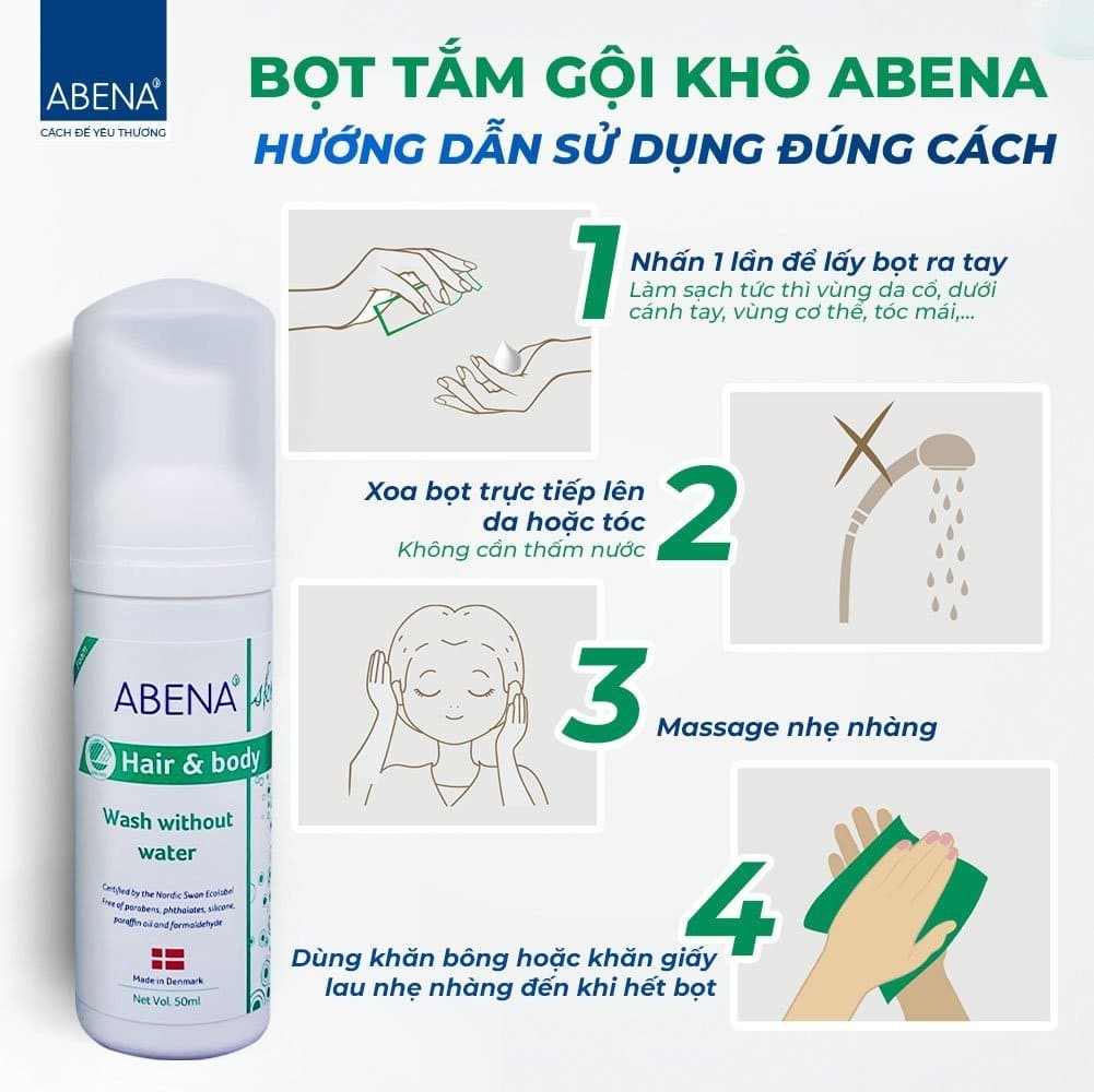 Bọt dầu gội tắm khô Abena làm sạch dịu nhẹ an toàn cho da - Nhập Khẩu Đan Mạch (Chai 50ML) Date T4/2024