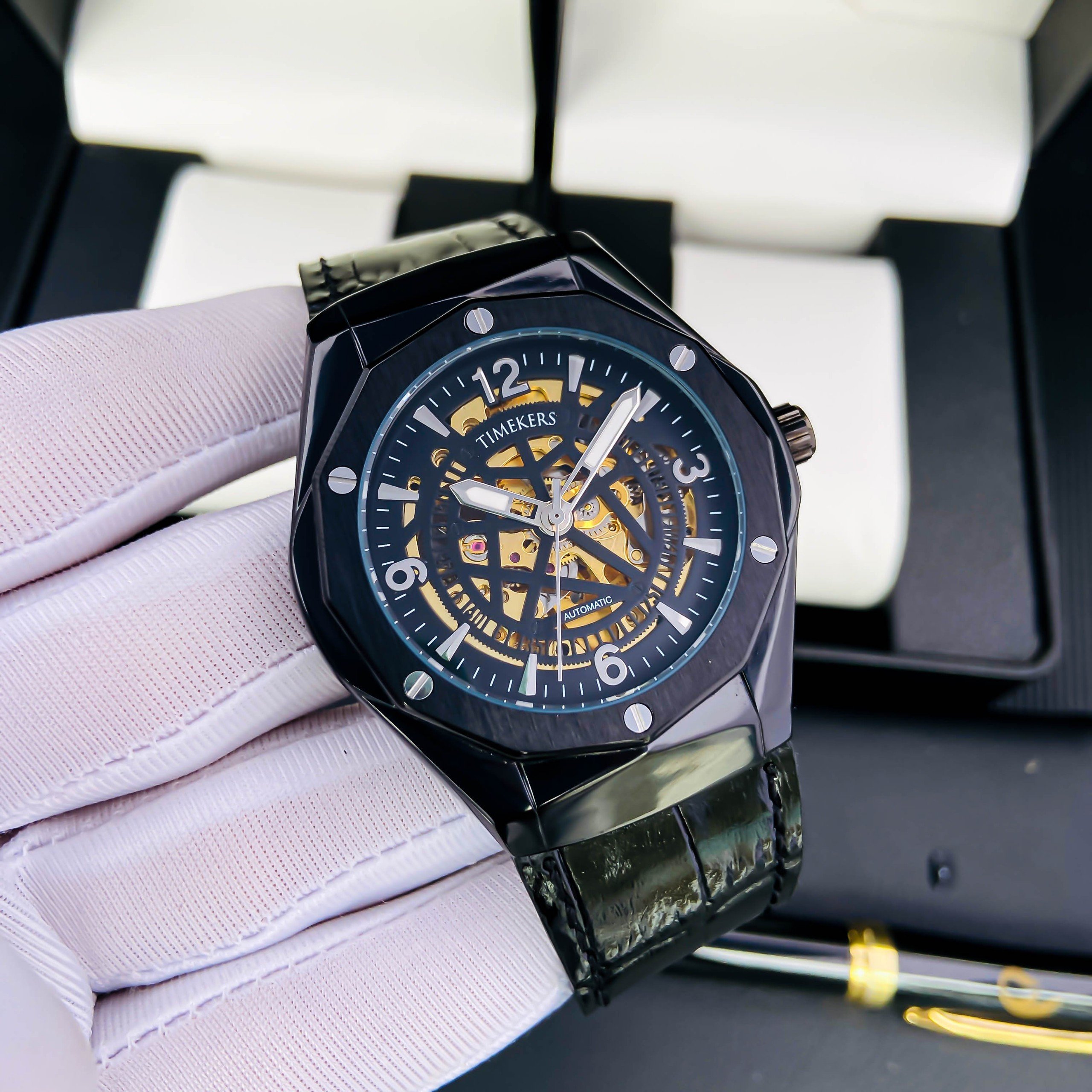 Đồng Hồ Cơ Nam Automatic Timekers, Đông Hồ Cơ Dây Da Lộ Máy, Mặt Kính sapphire - BH 12TH