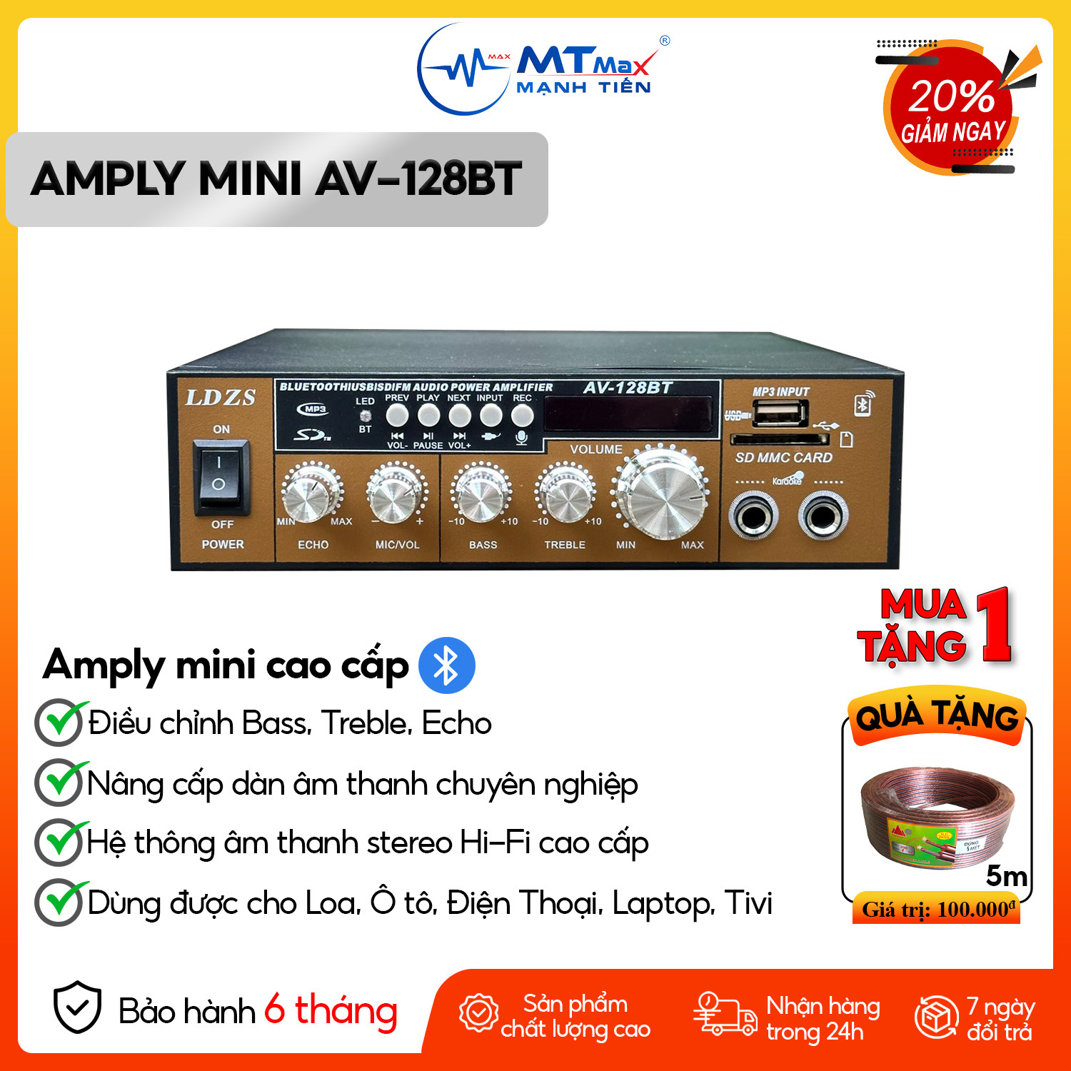 Amply AV128BT - Bộ Khuếch Đại Công Suất Âm Thanh 200W, Đầu Vào 2 Mic BT 5.0 Bộ Thu Âm Thanh Kỹ Thuật Số Karaoke Hi-Fi Stereo Cho Gia Đình Hàng Chính Hãng