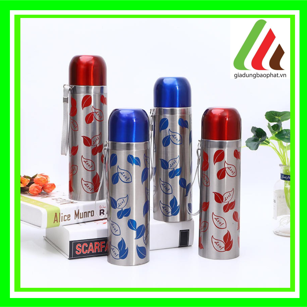 Bình giữ nhiệt 500ml inox 2 lớp chân không cách nhiệt hoa văn hình chiếc lá xinh xắn
