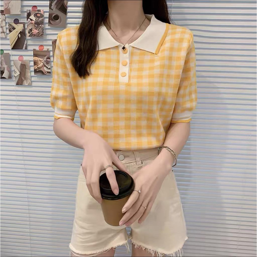 Áo caro polo len mongtoghi nữ tay ngắn form dáng rộng kiểu cổ bẻ phối màu phong cách thời trang Hàn Quốc trẻ trung