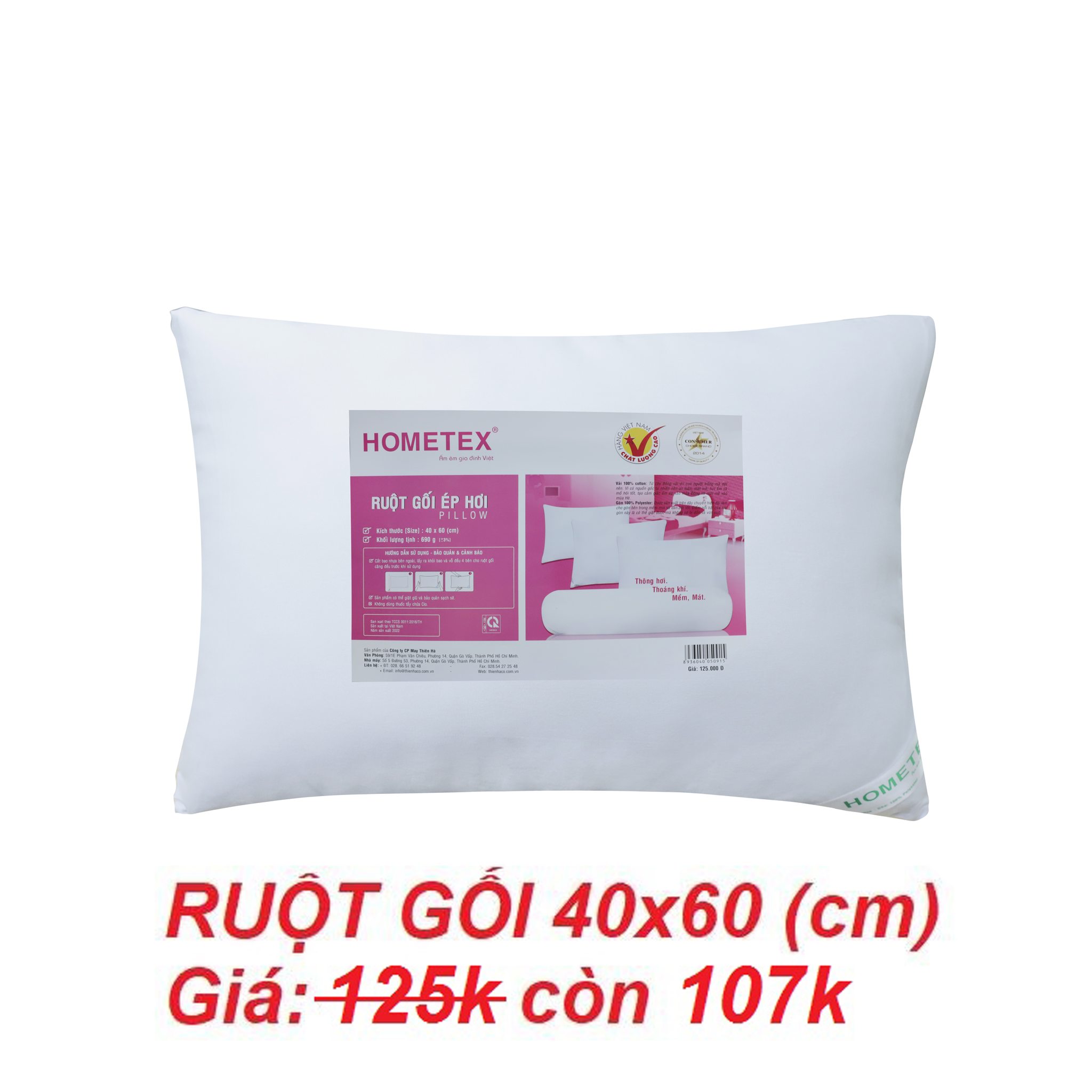 Ruột gối đầu ép hơi size 40x60cm Hometex chính hãng