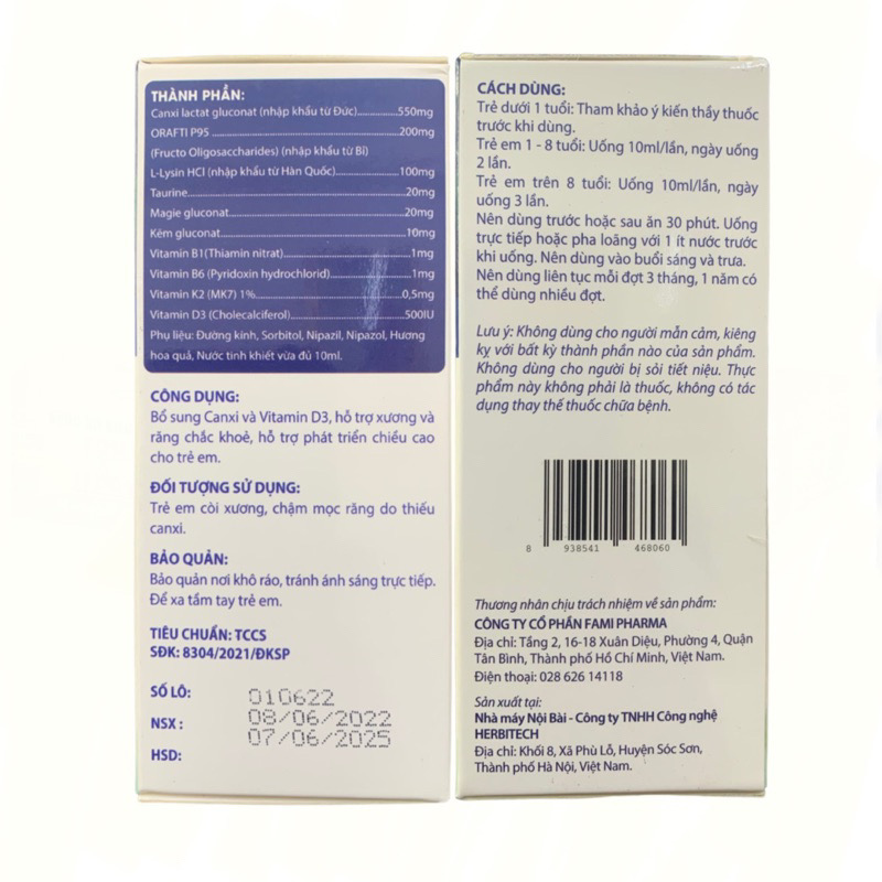 Ống uống canxi Kazium Kid, hộp 20 ống x 10ml