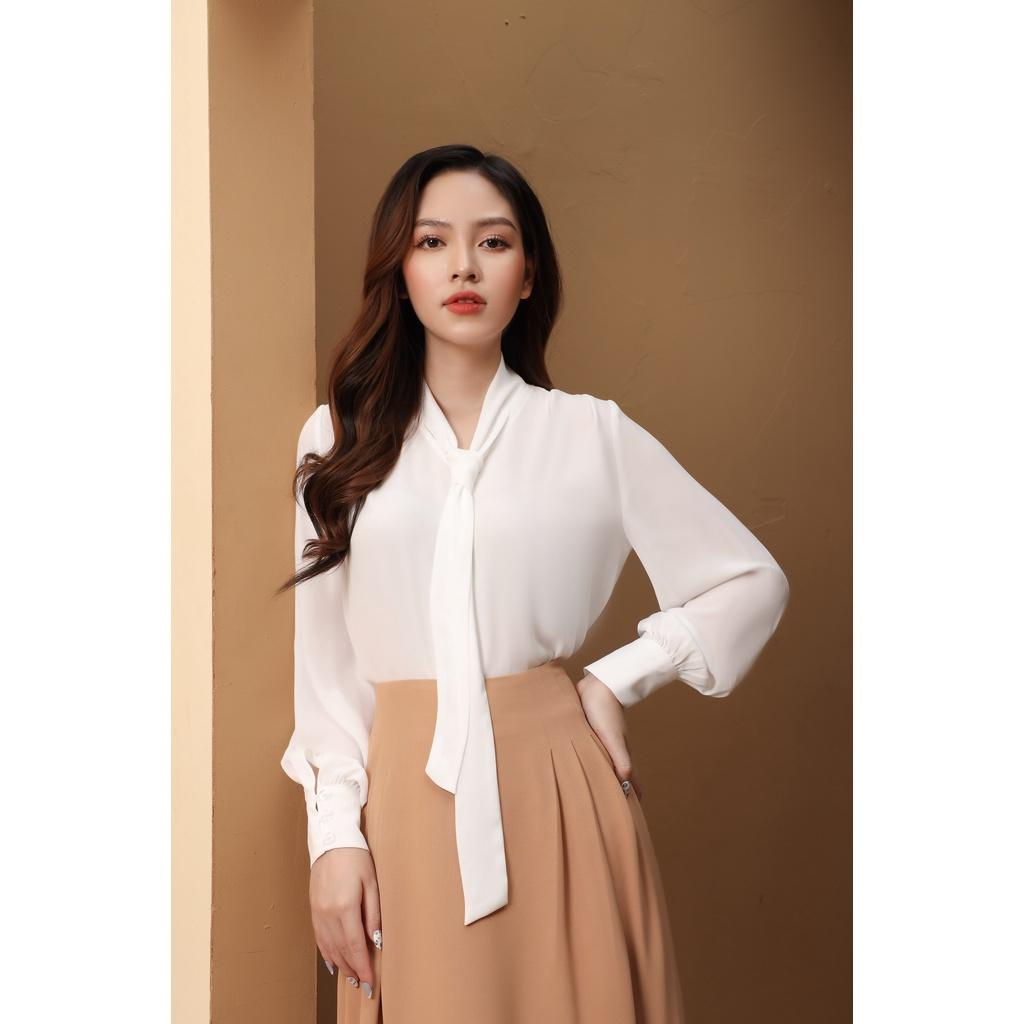 Áo Sơ mi dài tay cổ buộc nơ CLARA MARE 75% Polyester 25% viscose chất liệu vải : Cát Hàn BLS3012
