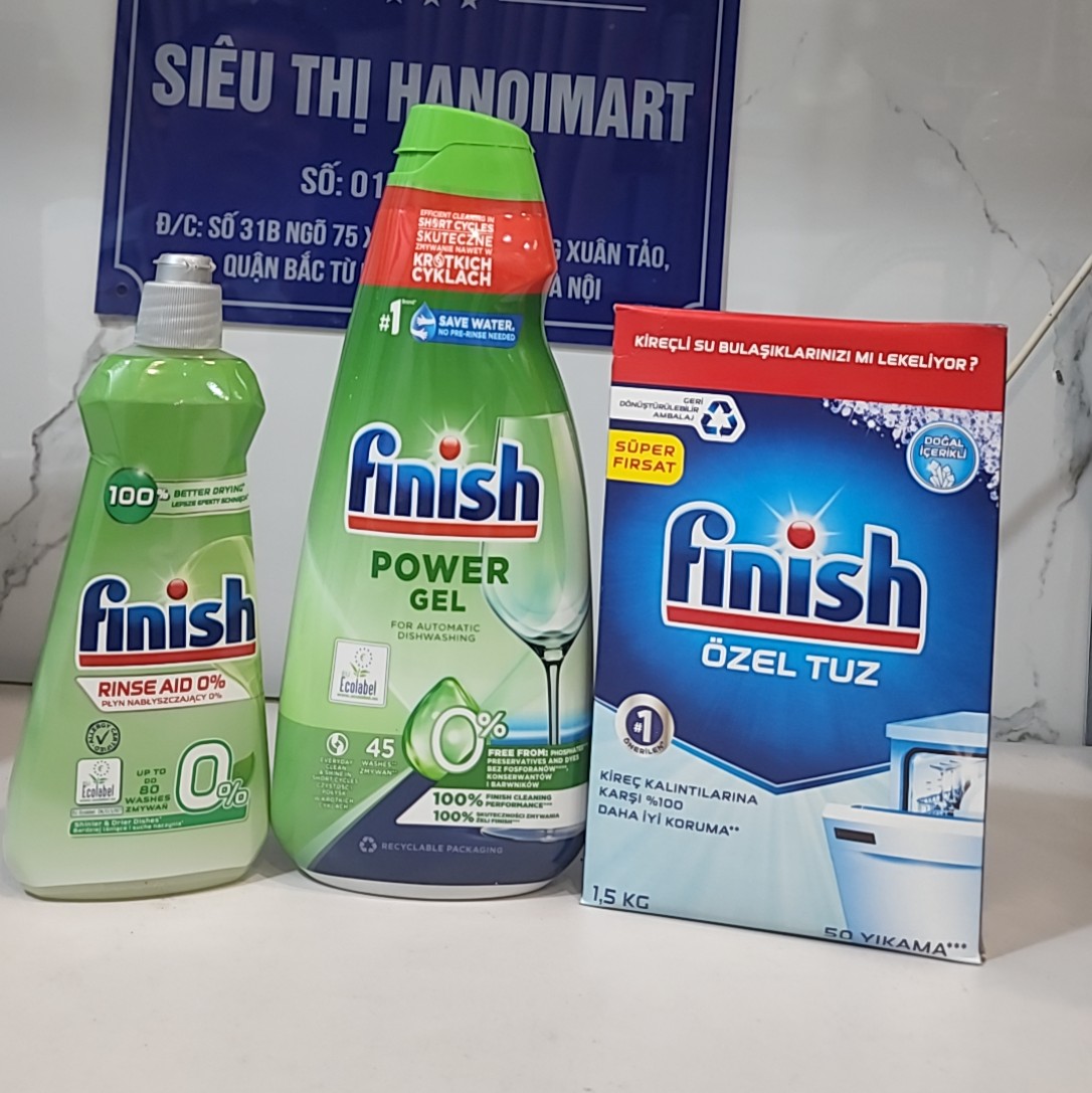COMBO 3 món Finish Chai 900ml Gel Finish All in 1 Max + Hộp 1,5Kg muối + Chai 400ml nước bóng Finish dành cho máy