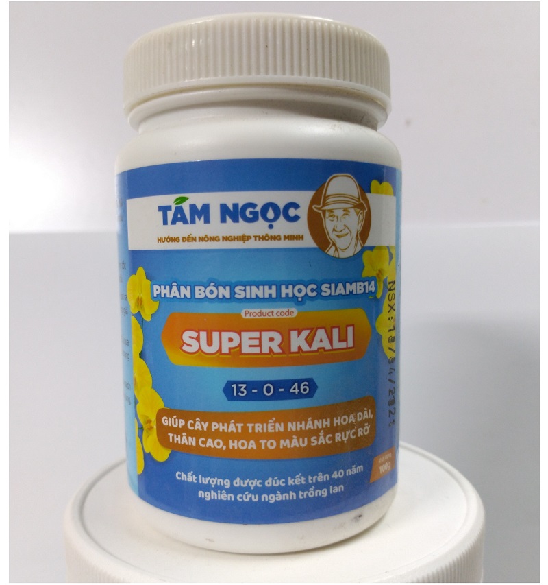 Phân bón sinh học  SIAMB14 SUPER KALI 13-0-46, giúp cây phát triển nhánh hoa dài, thân cao, hoa to màu sắc rự rỡ 100gr.