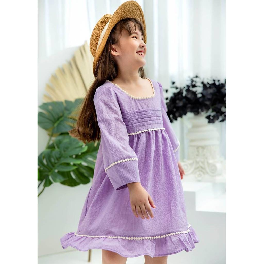 Váy bé gái BYZU, chất cotton mềm mại, cổ vuông tay bồng màu tím pastel