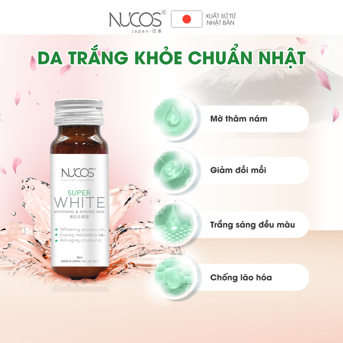 Combo 3 Hộp Collagen trắng da mờ thâm nám Nucos Super White 3x50mlx10chai