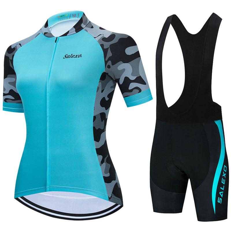 2023 Salexo Nữ Đi Xe Đạp Áo Bộ Ngắn Tay Mùa Hè Maillot 19D Yếm Quần Short Xe Đạp Quần Áo Thể Thao MTB Đi Xe Đạp Quần Áo Color: Short sleeve suit 8 Size: S