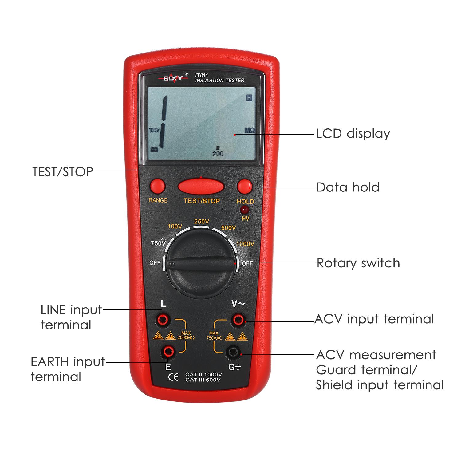 Insulation Resistance Meter Digital Ohmmeter Handheld Insulation Tester 0.1MΩ-2000MΩ Auto-Ranging High Accuracy LCD