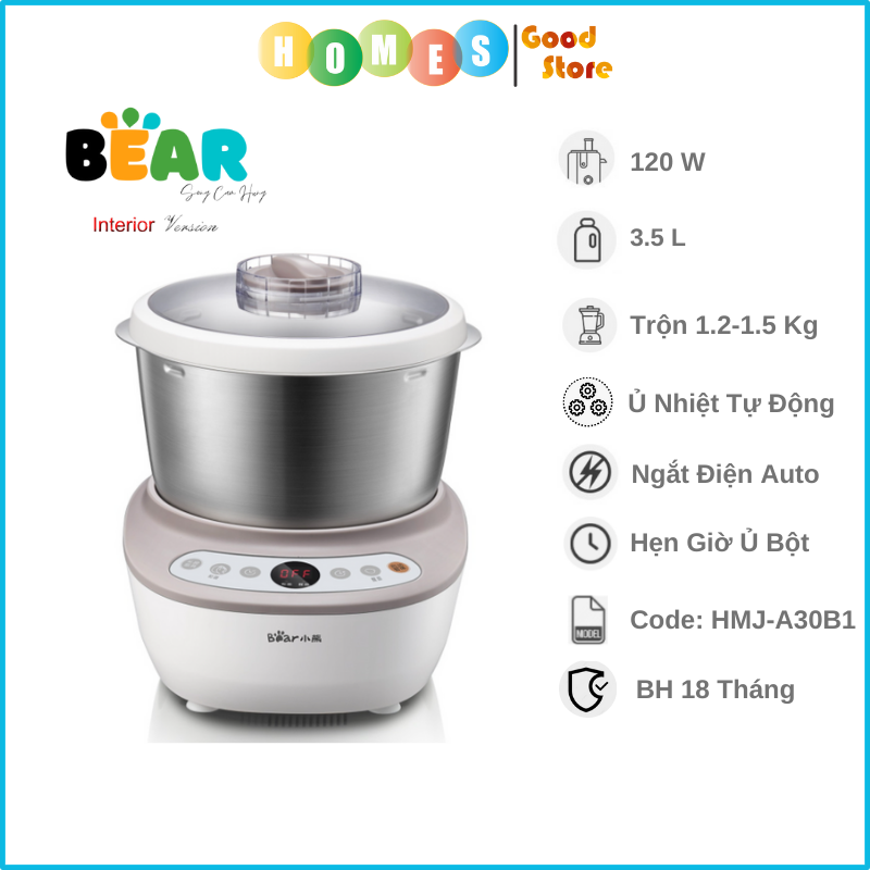 Máy Nhào Ủ Bột, Máy Làm Bánh Mỳ BEAR HMJ-A35M Dung Tích 3.5 Lít Công Suất 120 W - Hàng Chính Hãng