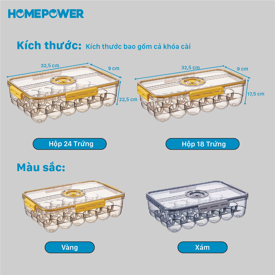 Hộp đựng trứng, khay trứng, hộp bảo quản thực phẩm tủ lạnh Homepower cao cấp, trên nắp đậy có phần ghi chú thời gian bảo quản tiện lợi