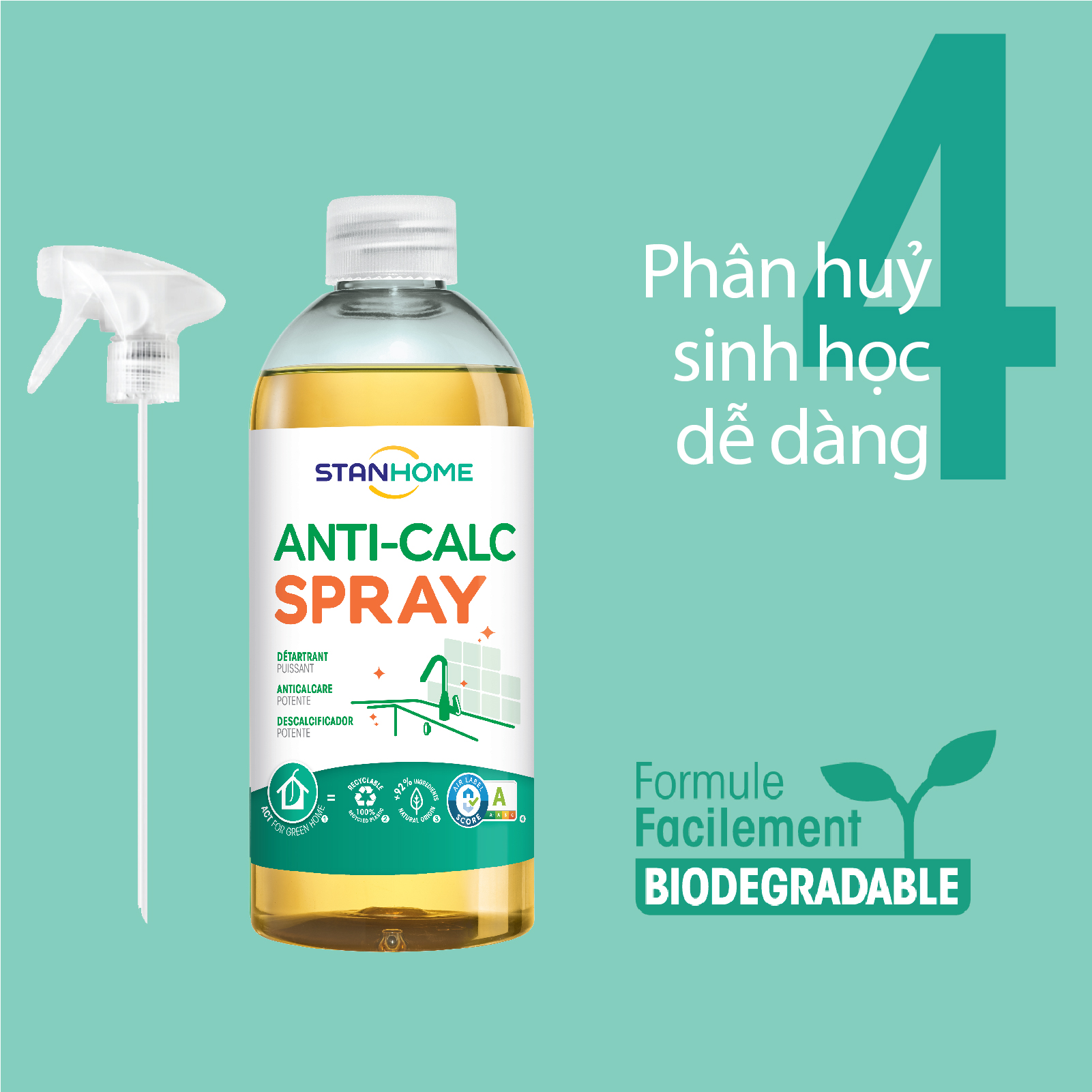 Siêu tẩy cặn canxi nước cứng cho mọi bề mặt và thiết bị trong nhà Anti Calc Stanhome tiêu chuẩn Air Label Ccore 500ml