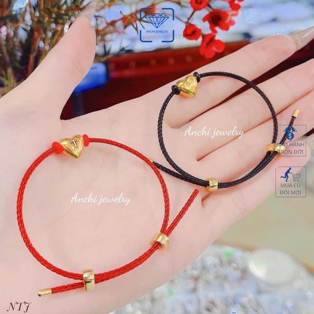 Vòng tay charm vàng dây cước 2mm đỏ( đen) mặt tim 10k khắc tên theo yêu cầu, Anchi jewelry