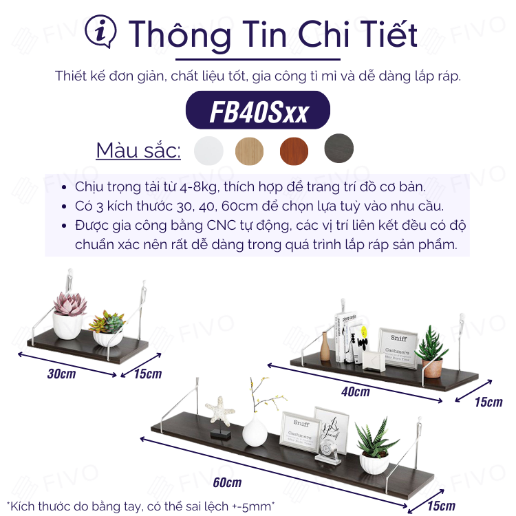 Kệ Trang Trí Treo Tường Gỗ FIVO Mã FB40 Không Cần Khoan Tặng Kèm Đinh 4 Chân Chịu Lực Lên Đến 10KG Với Móc Treo Inox Dễ Dàng Gắn Lên Tường