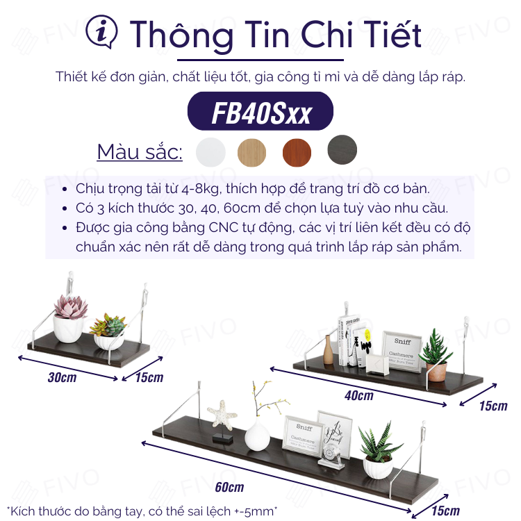 Kệ Trang Trí Treo Tường  Gỗ FIVO Mã FB40 Không Cần Khoan Tặng Kèm Đinh 4 Chân Chịu Lực Lên Đến 10KG Với Móc Treo Inox Dễ Dàng Gắn Lên Tường