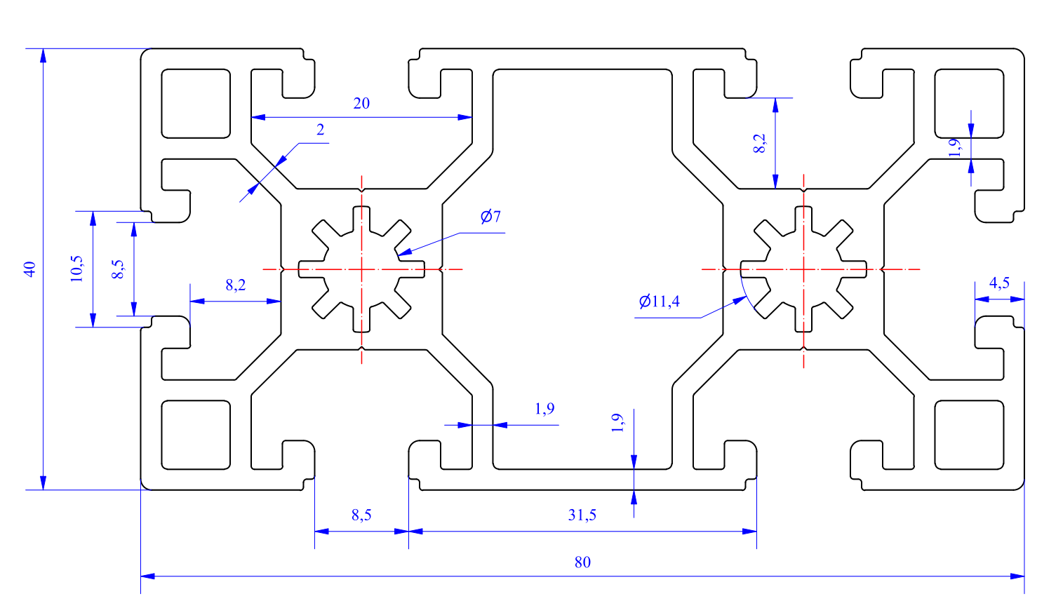 Nhôm định hình 40x80 (LWA-481682700-1) - Miễn phí cắt theo kích thước yêu cầu (Giá đã bao gồm VAT)