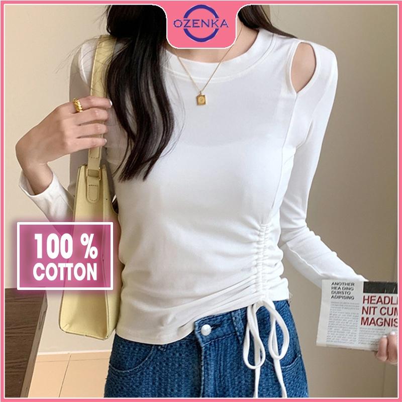 Áo thun croptop tay dài rút dây hở vai OZENKA , crt ôm body nữ đẹp thun gân 100% cotton màu đen trắng dưới 50 kg