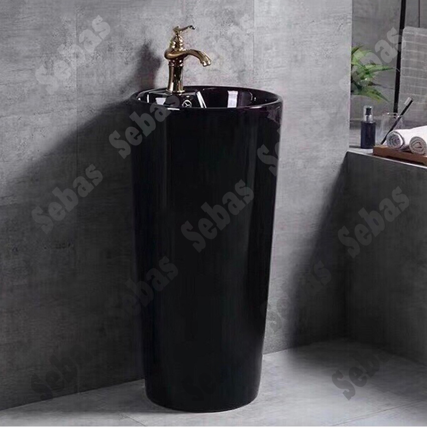 Lavabo trụ đứng đặt sàn màu đen bóng kiểu tròn