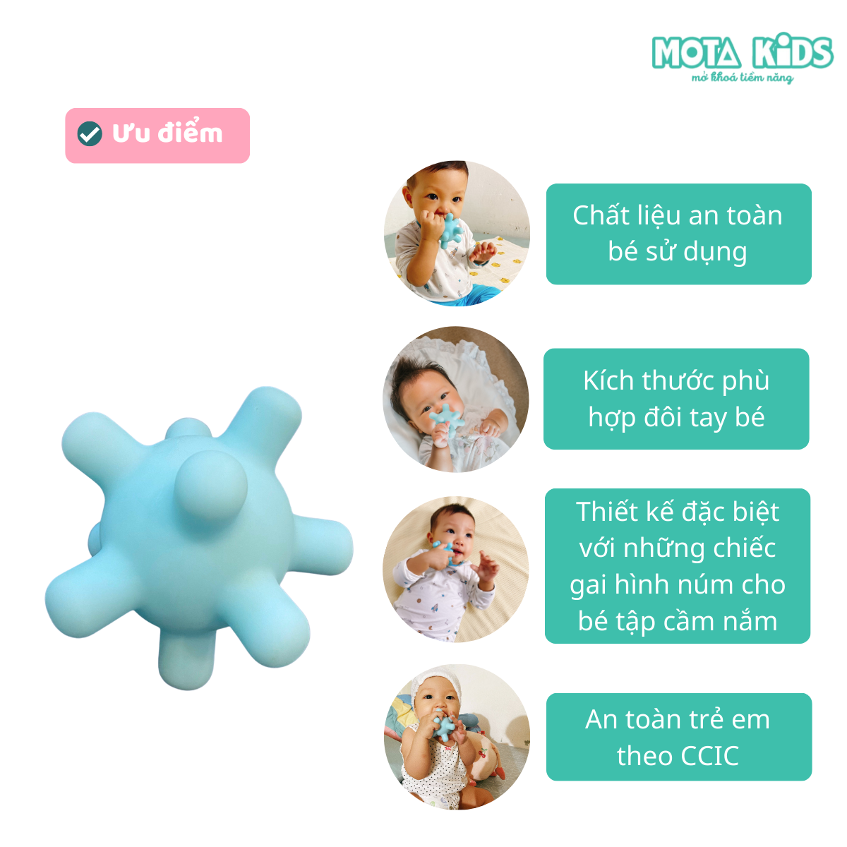 Đồ chơi bóng gai cầm nắm và gặm nướu cho bé 3-6 tháng Montessori Mota - Kích thích thị giác - Hàng chính hãng