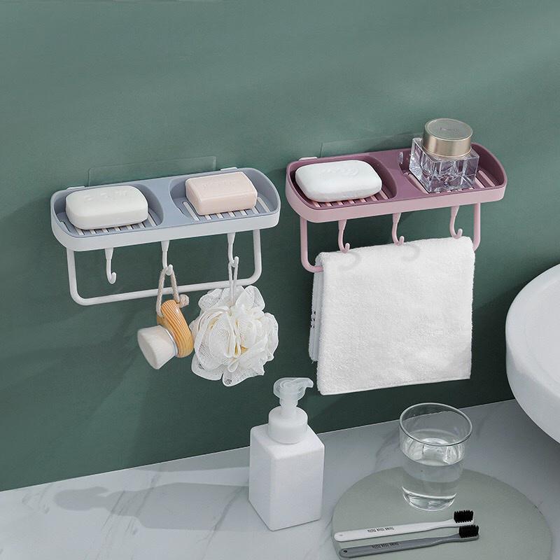 Kệ Để Xà Phòng 2 Ngăn Kèm 3 Móc Và Thanh Treo Khăn Dán Tường đa năng