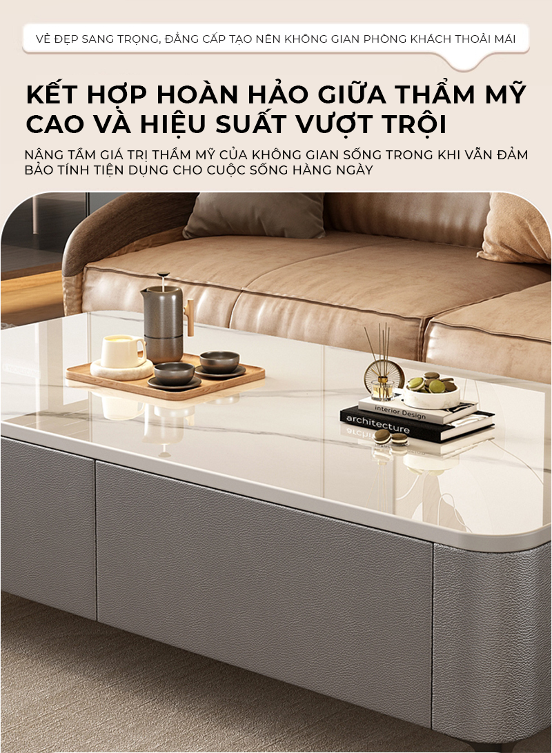 Bàn trà sofa phòng khách họa tiết vân đá bọc da cao cấp phong cách sang trọng - GP379