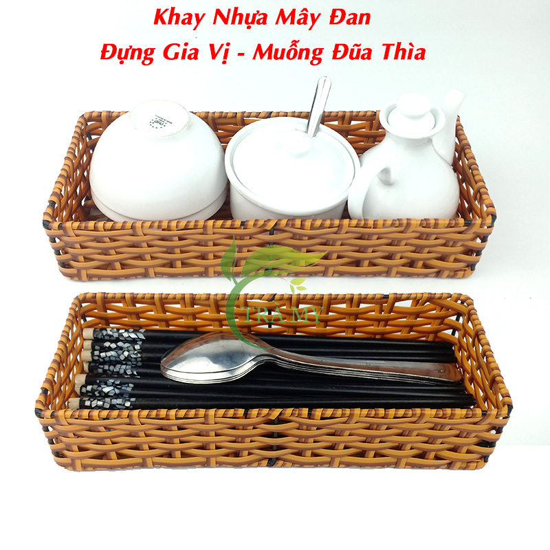 Khay Đựng Gia Vị Muỗng Đũa Quán Ăn 10 x 25 cm Bằng Nhựa Đan Khung Sắt Kiểu Mây Tre Đan Bền Dễ Vệ Sinh