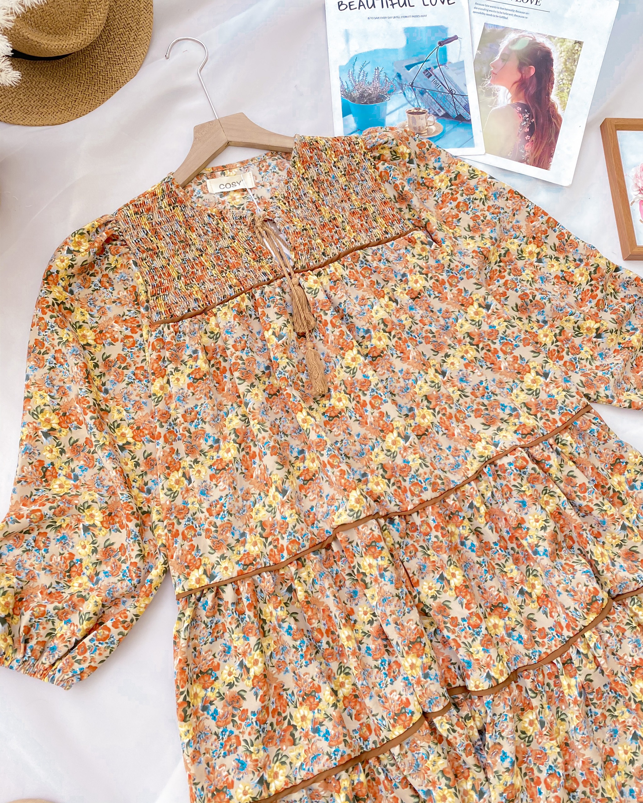 Đầm nối tầng hoa nhí vàng nâu đi chơi dự tiệc chất vải lụa cao cấp SPRING DRESS
