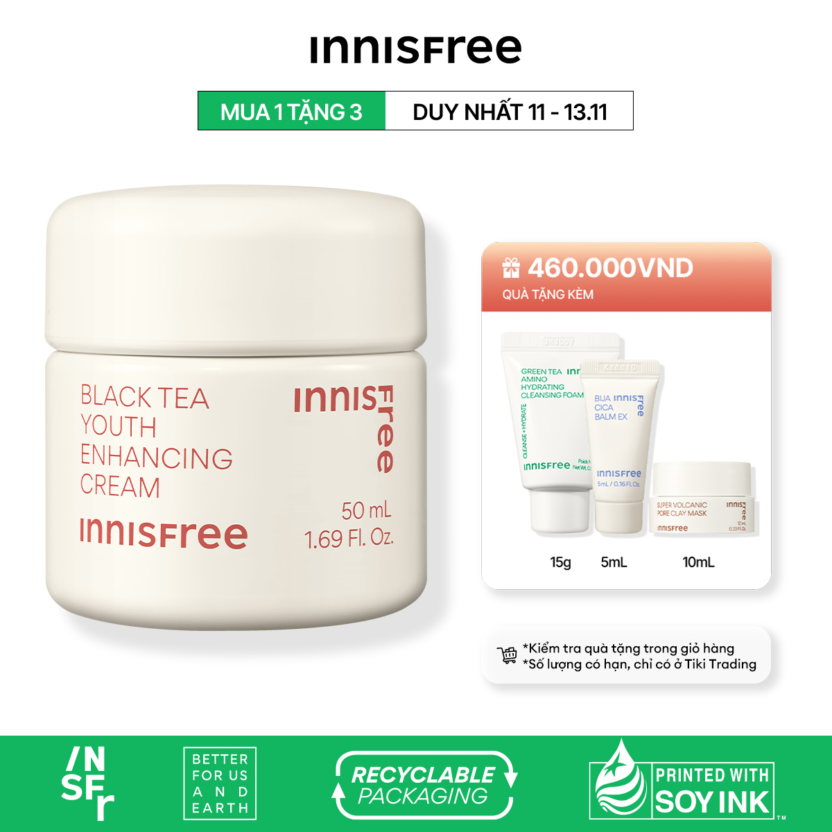 Kem dưỡng da ban đêm ngăn ngừa lão hóa từ trà đen innisfree Black Tea Enhancing Cream 50 mL (New 2023)