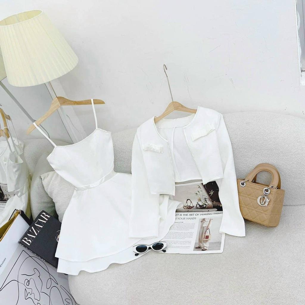 Set đầm dạ trắng 2 dây dáng xòe kèm khoác crop dạ tay dài tiểu thư dự tiệc cưới hẽm house