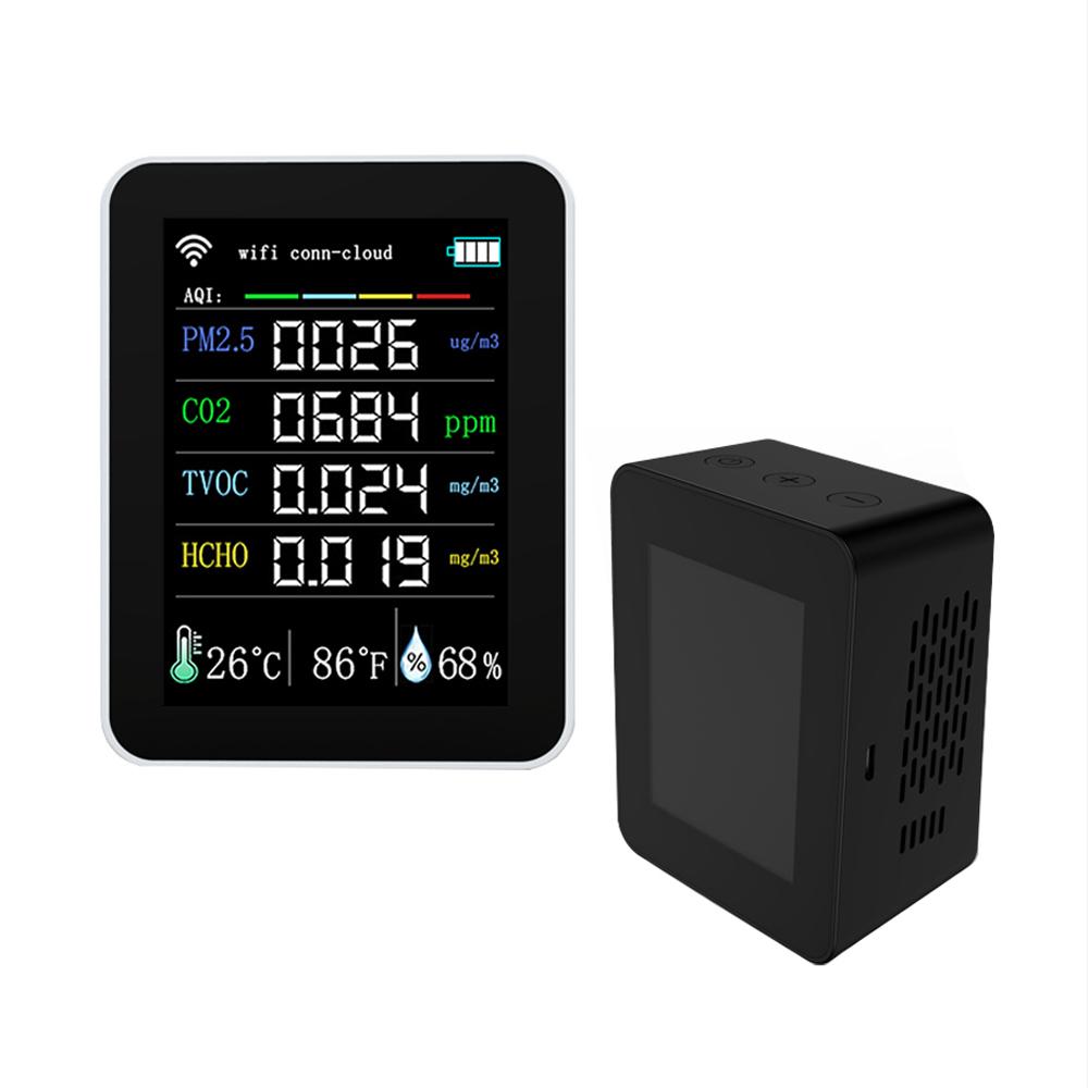 Tuya Wifi Portable Air Quality Meter 7in1 PM2.5 CO2 TVOC HCHO AQI Temperature Humidity Tester 2.8inch TFT Color Display Carbon Dioxide Detector Support Cellphone APP Control with Calendar Function