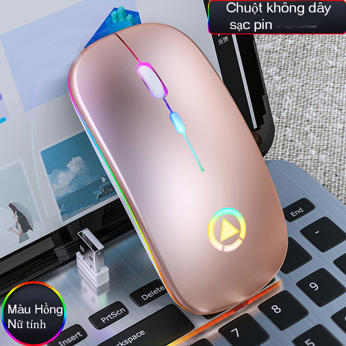 Chuột không dây bluetooth, chuột máy tính sạc lại khi hết pin cao cấp, không tiếng ồn, pin dùng 4 tuần sạc 1 lần, hiệu ứng đèn Led RGB dành cho Laptop, PC và TV