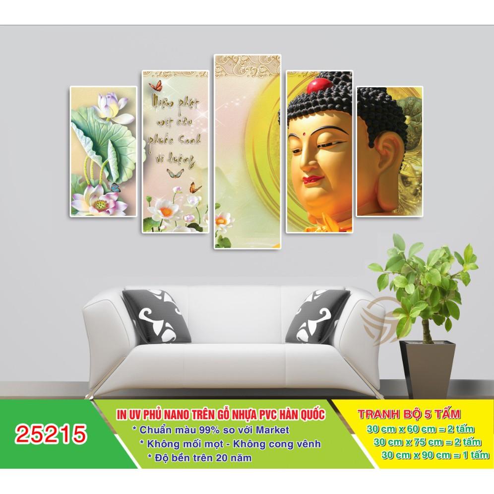 Tranh treo tường trang trí Phật giáo 5 tấm 3D/gỗ MDF Hàn Quốc chống ẩm mốc, mối mọt