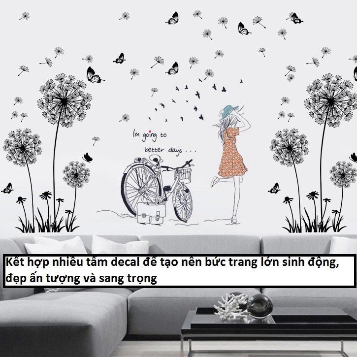 Decal dán tường hoa bồ công anh và cô gái combo trang trí lãng mạn