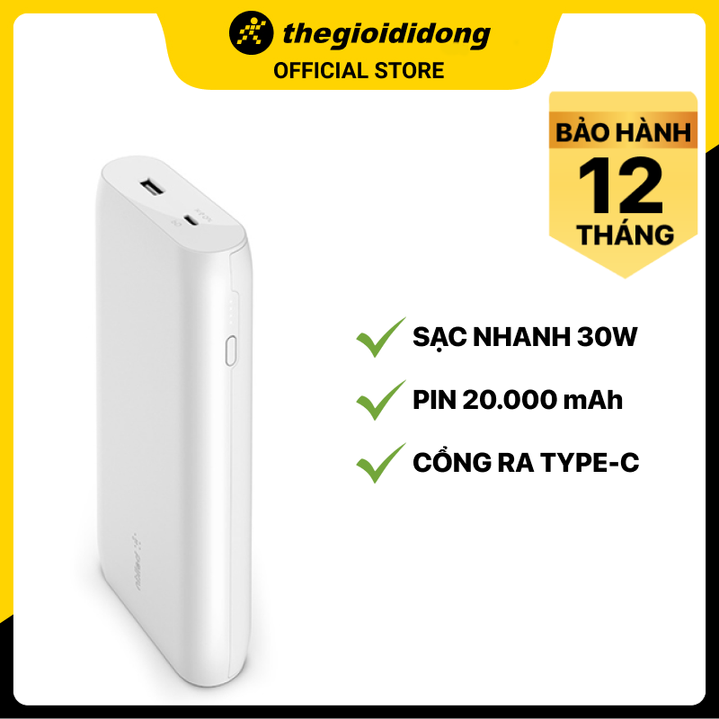 Pin sạc dự phòng Polymer 20.000 mAh Type C 30W PD Belkin Pocket Power BPB002 - Hàng chính hãng