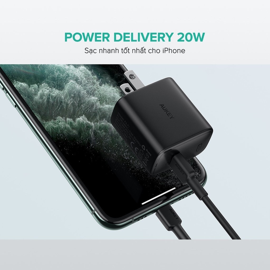 Combo Sạc Nhanh Aukey PA-F1S Power Delivery 20W - Cáp Sạc Nhanh USB-C to Lightning Aukey CB-CL2 - Hàng Chính Hãng