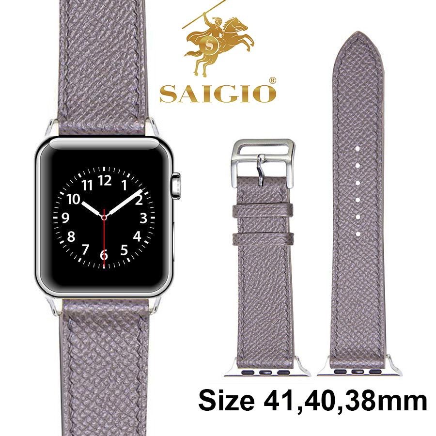 Dây Đồng Hồ Apple Watch 41mm 40mm 38mm, Chất Liệu Da Bê EPSOM Thảo Mộc Cao Cấp, Nhập Khẩu Từ Châu Âu, Dây Đeo Phong Cách Hiện Đại và Sang Trọng, Tương Thích Các Phiên Bản Series 8/7/6/5/4/3/2/1/SE/SE2 - Xám - ADAPTER BẠC