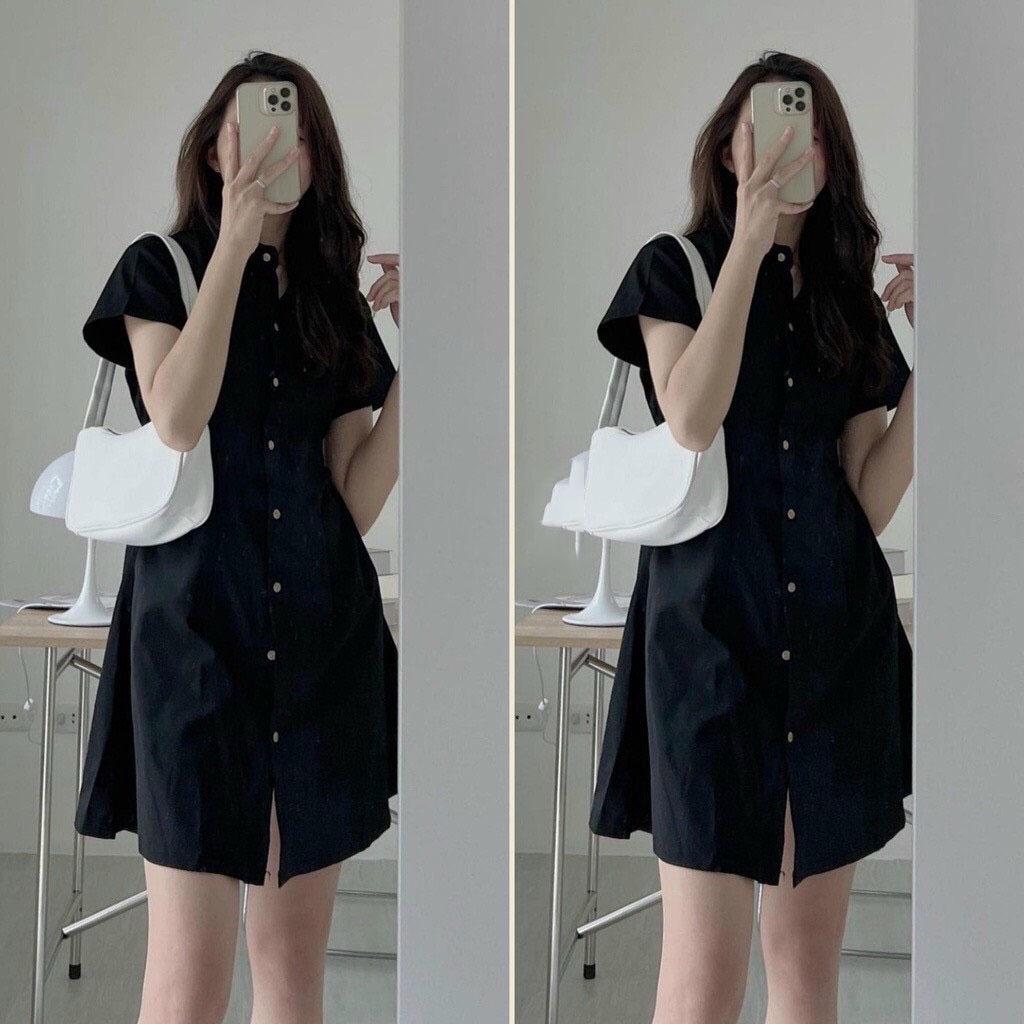 Đầm nữ cổ sơ mi cài cúc chiết eo lưng chun, váy nữ cộc tay