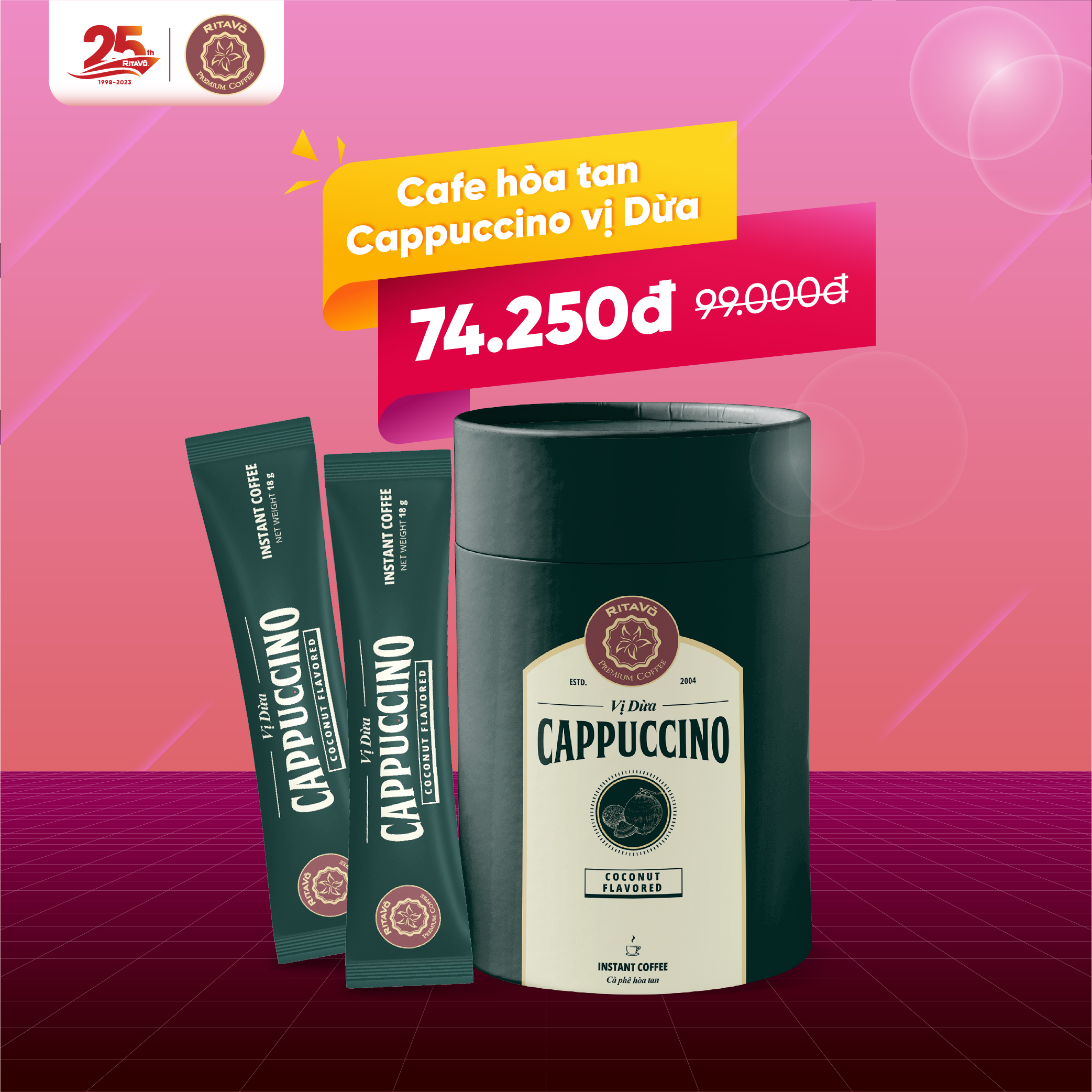 [GIẢM 25%] Cà phê hoà tan Rita Võ Cafe Cappuccino coconut [Hộp 216g x 12 gói]