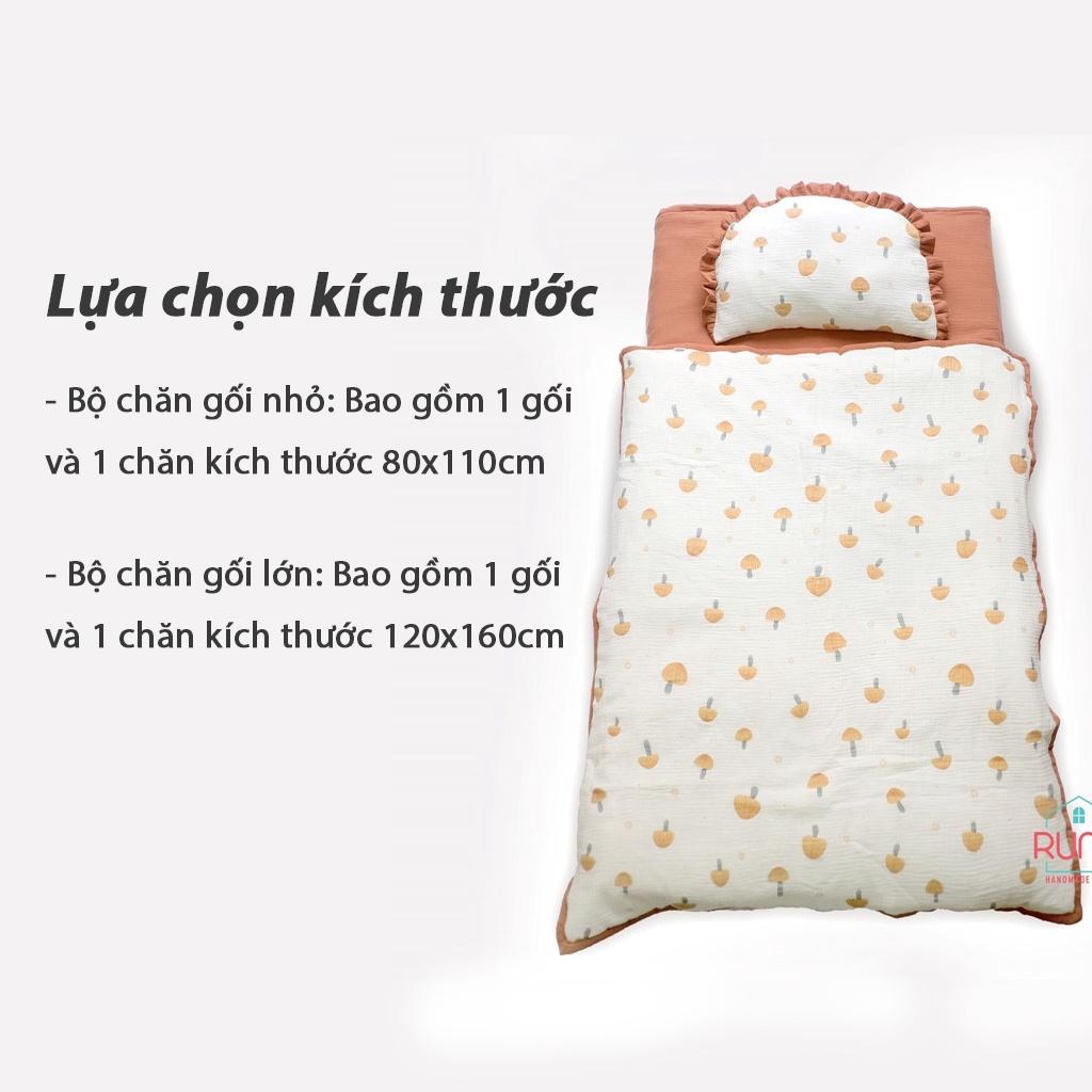 Bộ chăn gối đi học Runa Kids vải Muslin Rustic chần bông cao cấp siêu nhẹ ấm áp an toàn cho da bé