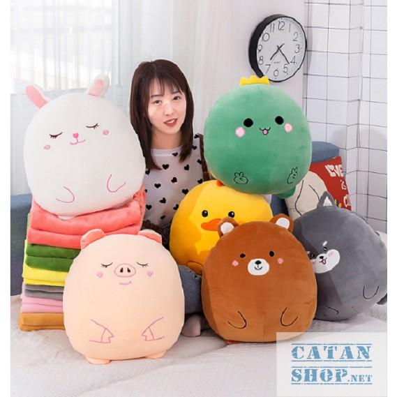 Gối mền tròn cute 3 trong 1 chất nỉ nhung cực mịn, hàng loại 1, bộ chăn gối văn phòng, gấu bông kèm mền GM80-Tron