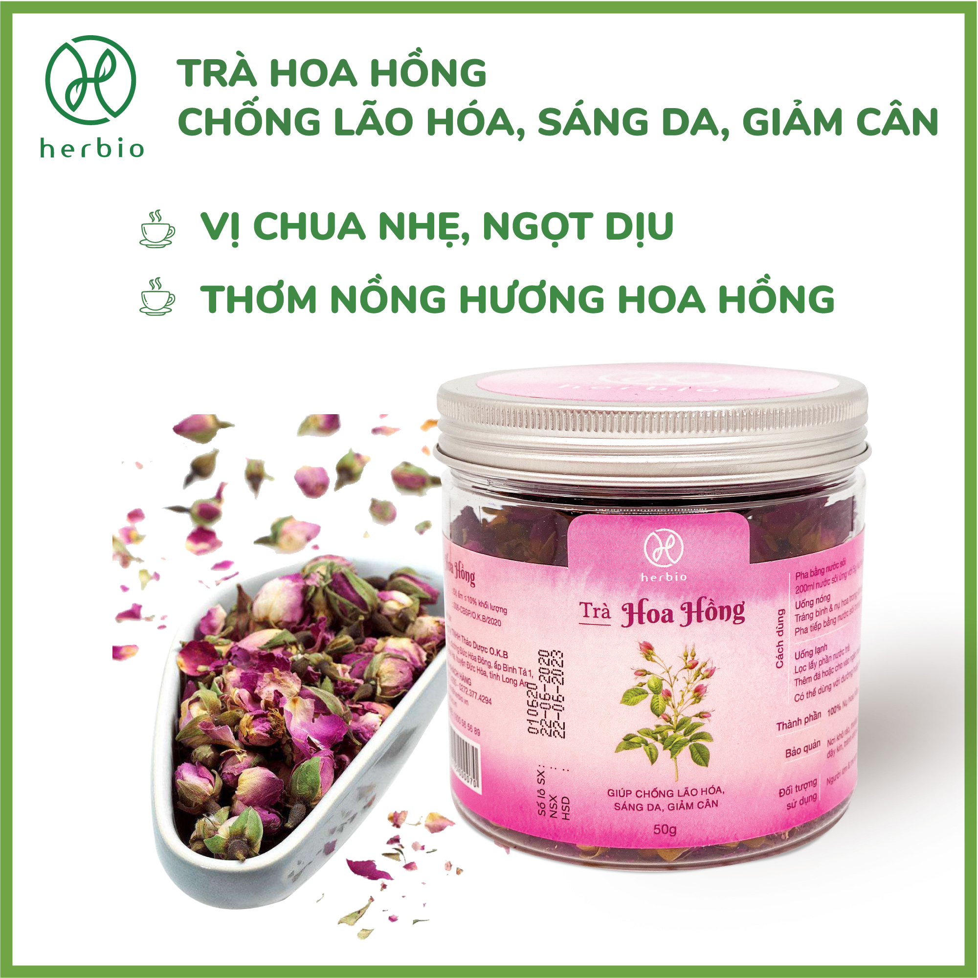 TRÀ NỤ HOA HỒNG CAO CẤP HERBIO - hỗ trợ làm đẹp da, sáng da, chống lão hóa - hộp 50gr