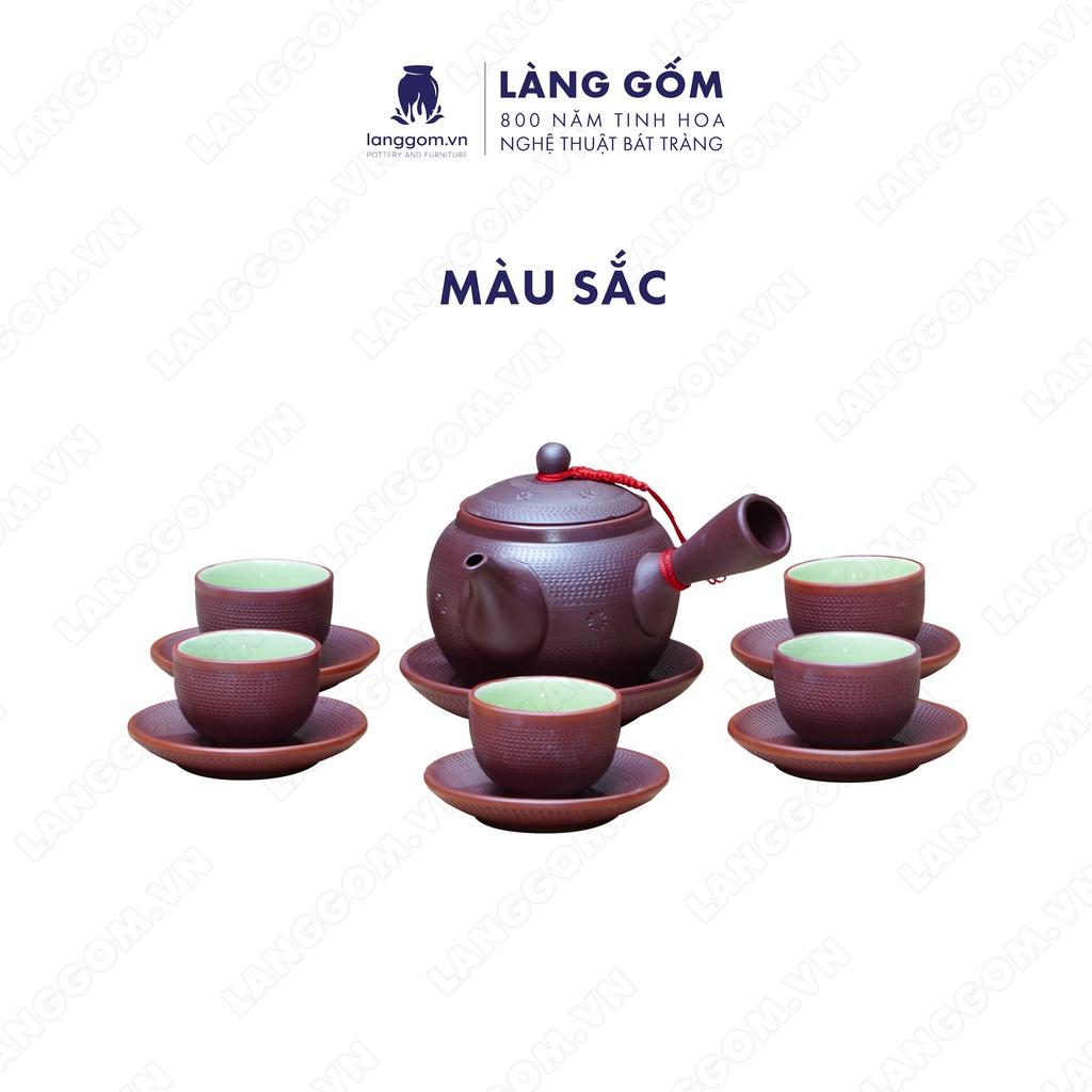 Bộ ấm chén đất nung chuôi ganh hoa ban - Men mộc - Gốm sứ Bát Tràng - langgom.vn